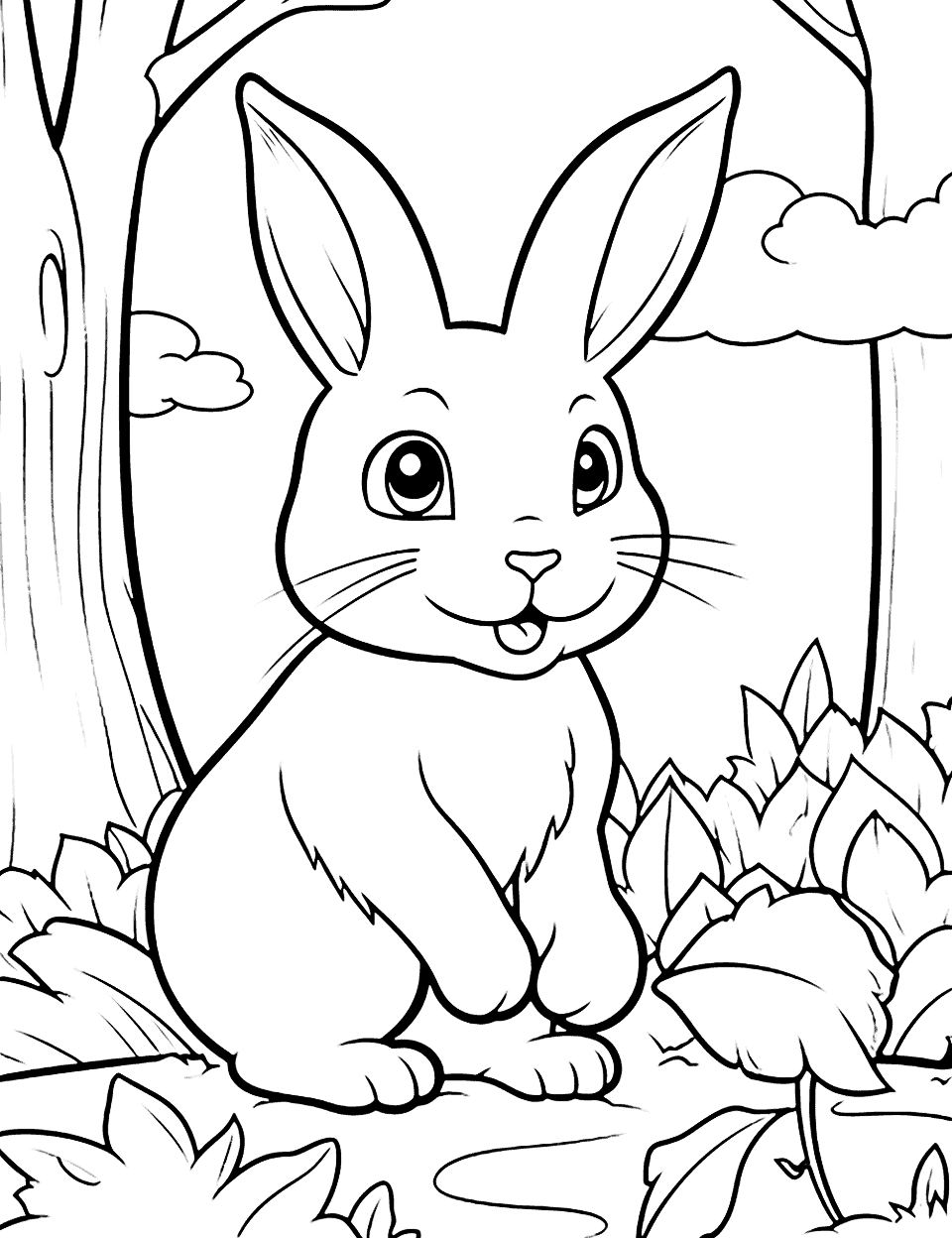 Bunny and the Fall Leaves Coloring Page - A scene of our bunny playing amidst the fall foliage, leaves of orange, red, and yellow.