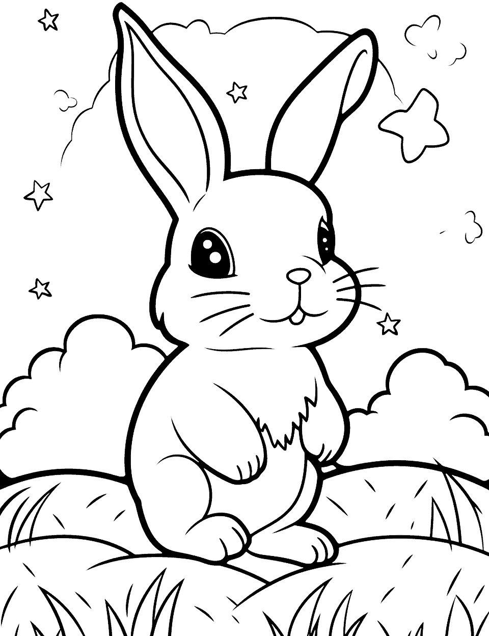 Starry Night and Bunny's Silhouette Bunny Coloring Page - A peaceful scene showcasing the silhouette of a bunny against a star-filled night sky.