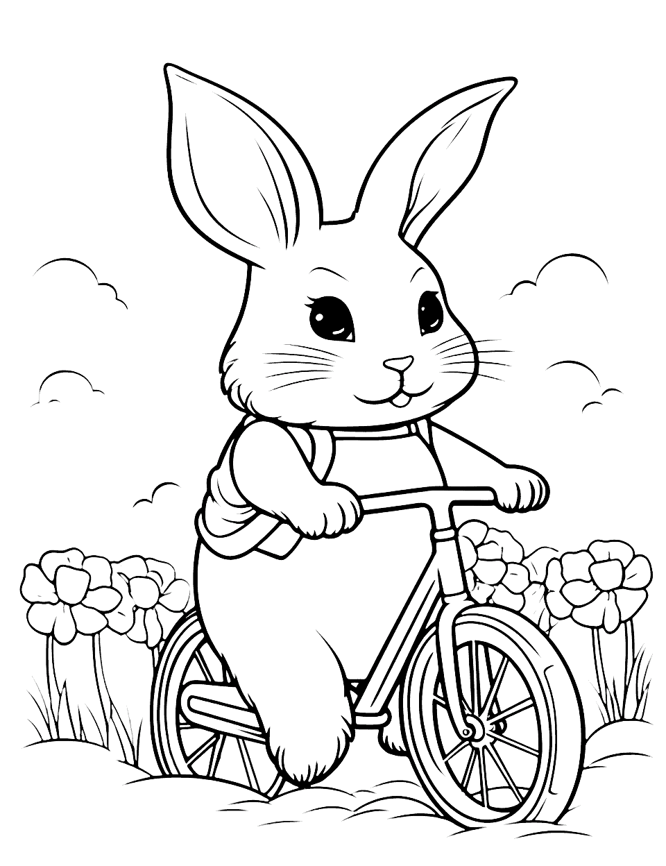 Whimsical Bunny Riding a Bicycle Coloring Page - A little bunny on an adventurous bike ride.