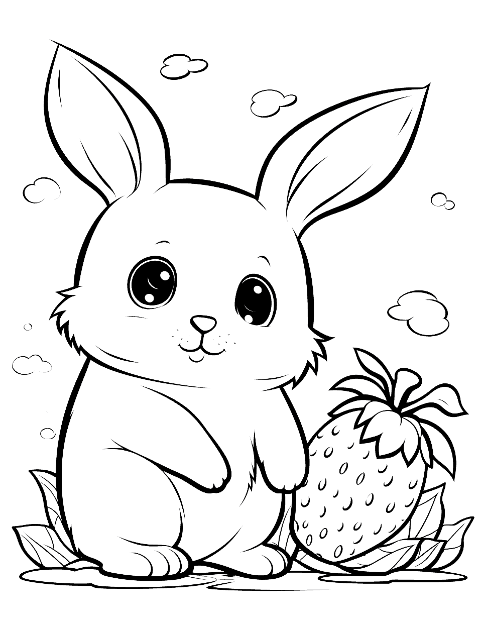 Chibi Bunny and the Giant Strawberry Coloring Page - A scene where a chibi bunny is in awe of a strawberry that’s almost as big as it!