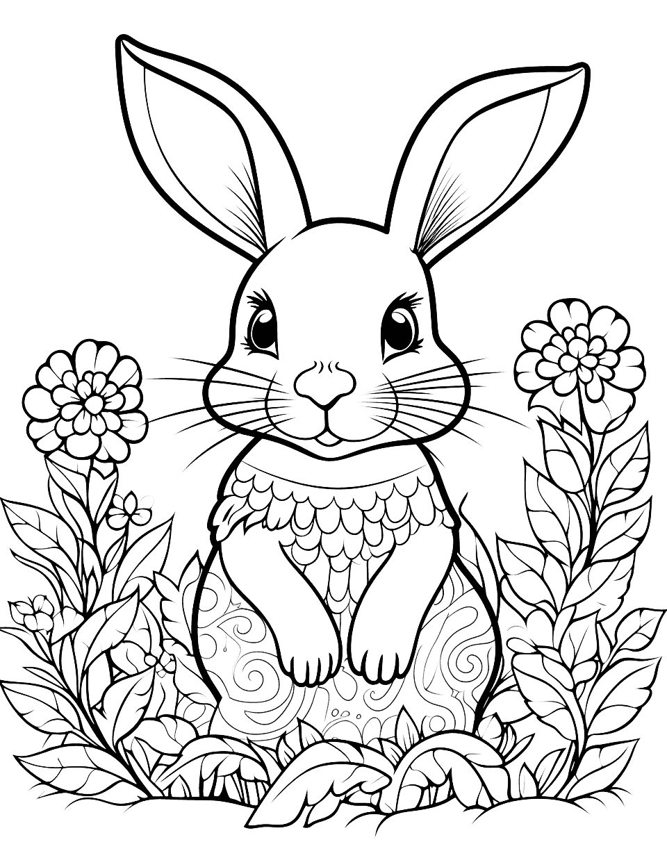 Zentangle Bunny Amidst Nature Rabbit Coloring Page - An intricate bunny filled with zentangle patterns, surrounded by natural elements.