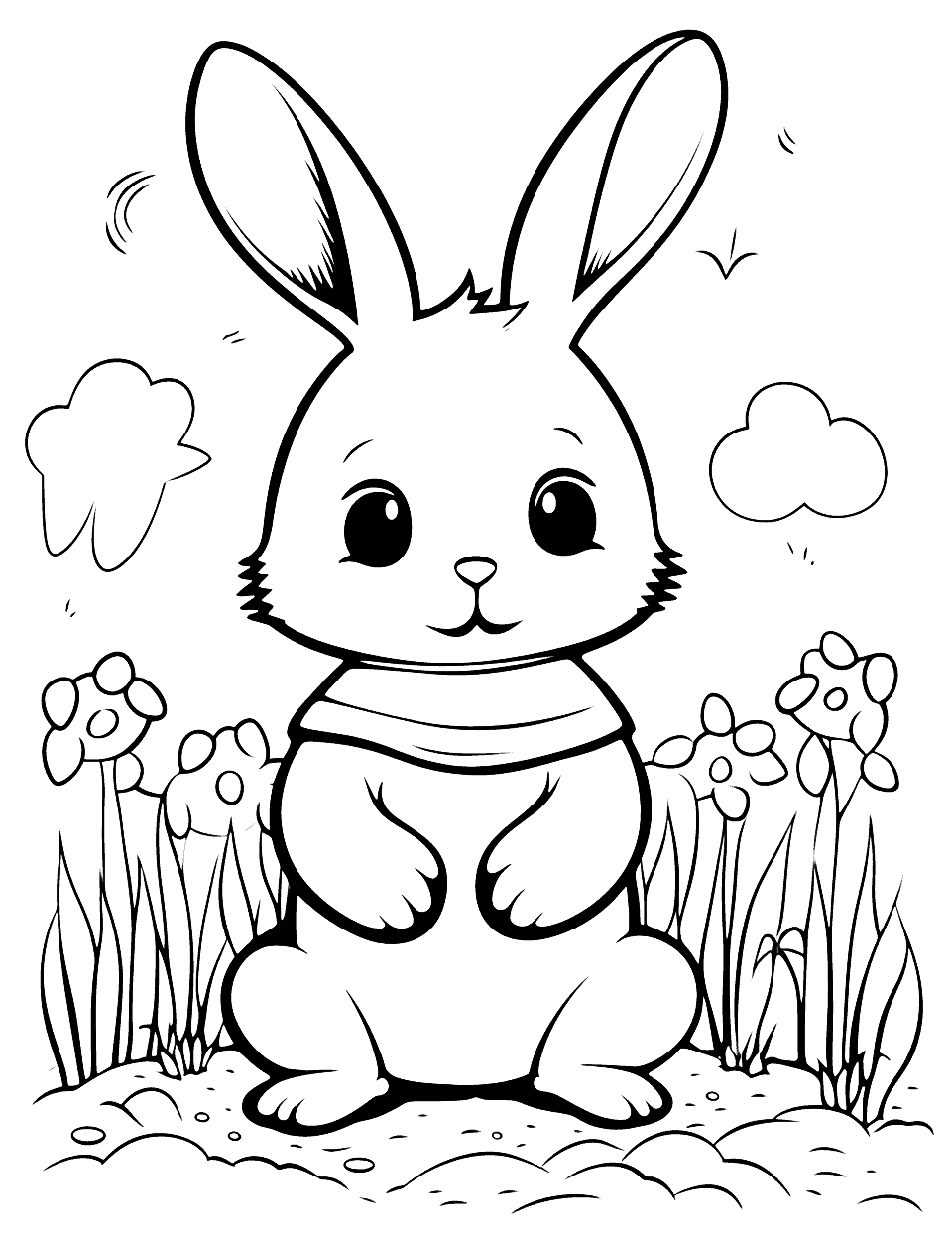 Bunny's Zen Moment Bunny Coloring Page - A bunny sitting in a meditative pose amidst a peaceful garden, embodying calmness.