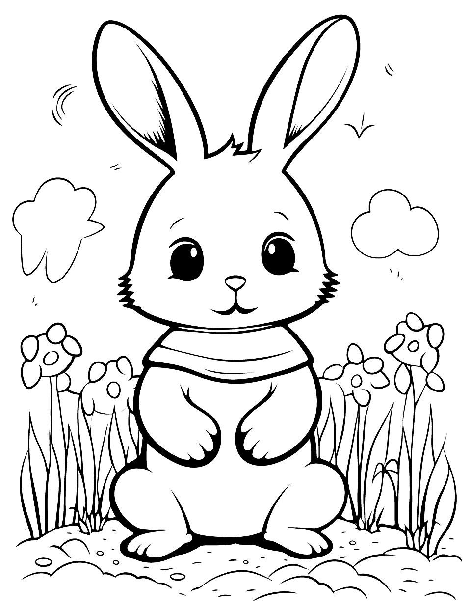 Bunny's Zen Moment Coloring Page - A bunny sitting in a meditative pose amidst a peaceful garden, embodying calmness.