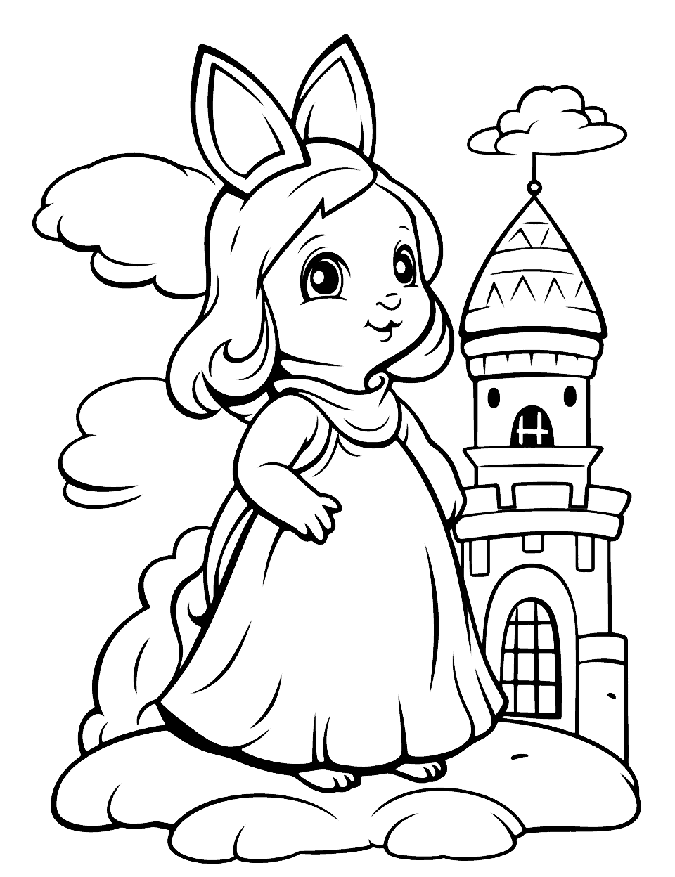 Bunny Princess and a Tower Coloring Page - Drawing inspiration from fairytales, a  bunny princess in front of a tower, awaiting her next adventure.