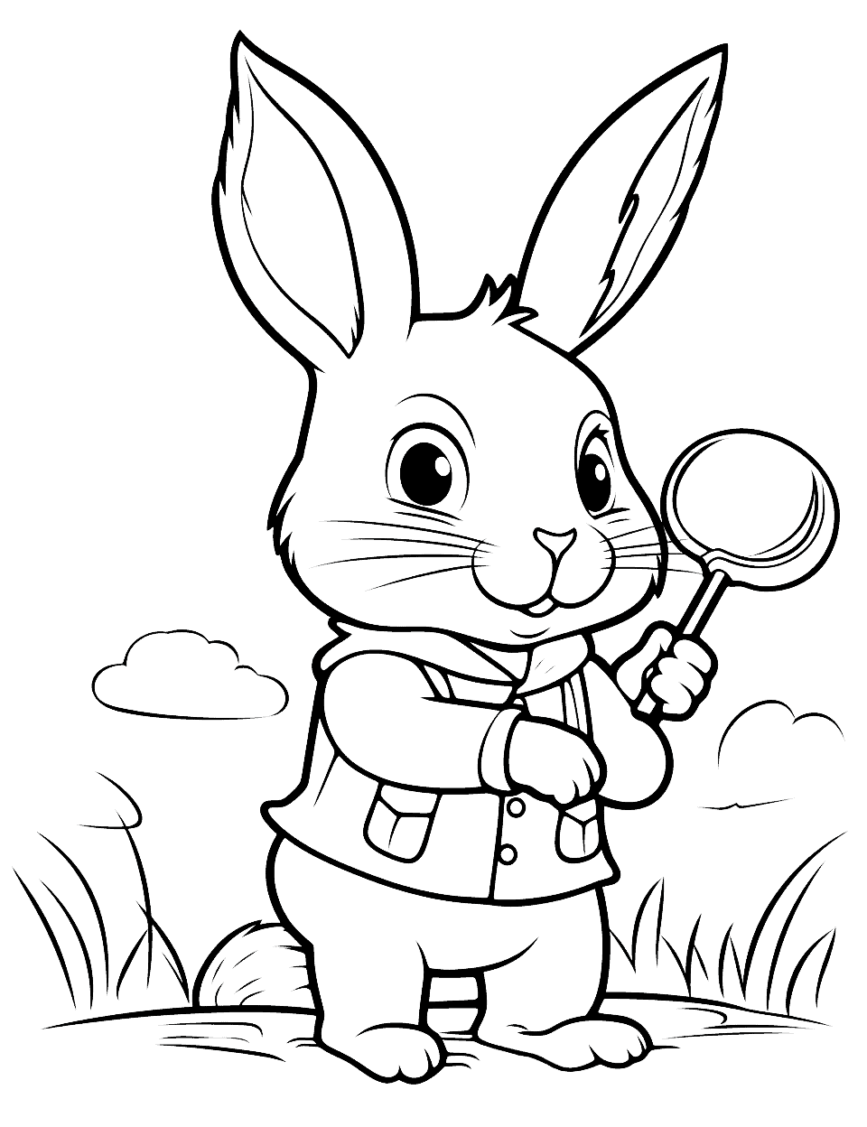 Bunny Detective on the Case Rabbit Coloring Page - With a magnifying glass in hand, this bunny is on the lookout for clues.