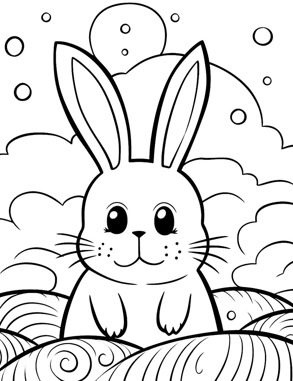 Clear Skies and Bunny Eyes Rabbit Coloring Page - Centering on the bunny’s big black eyes, the page radiates in rolling clouds and mountains.