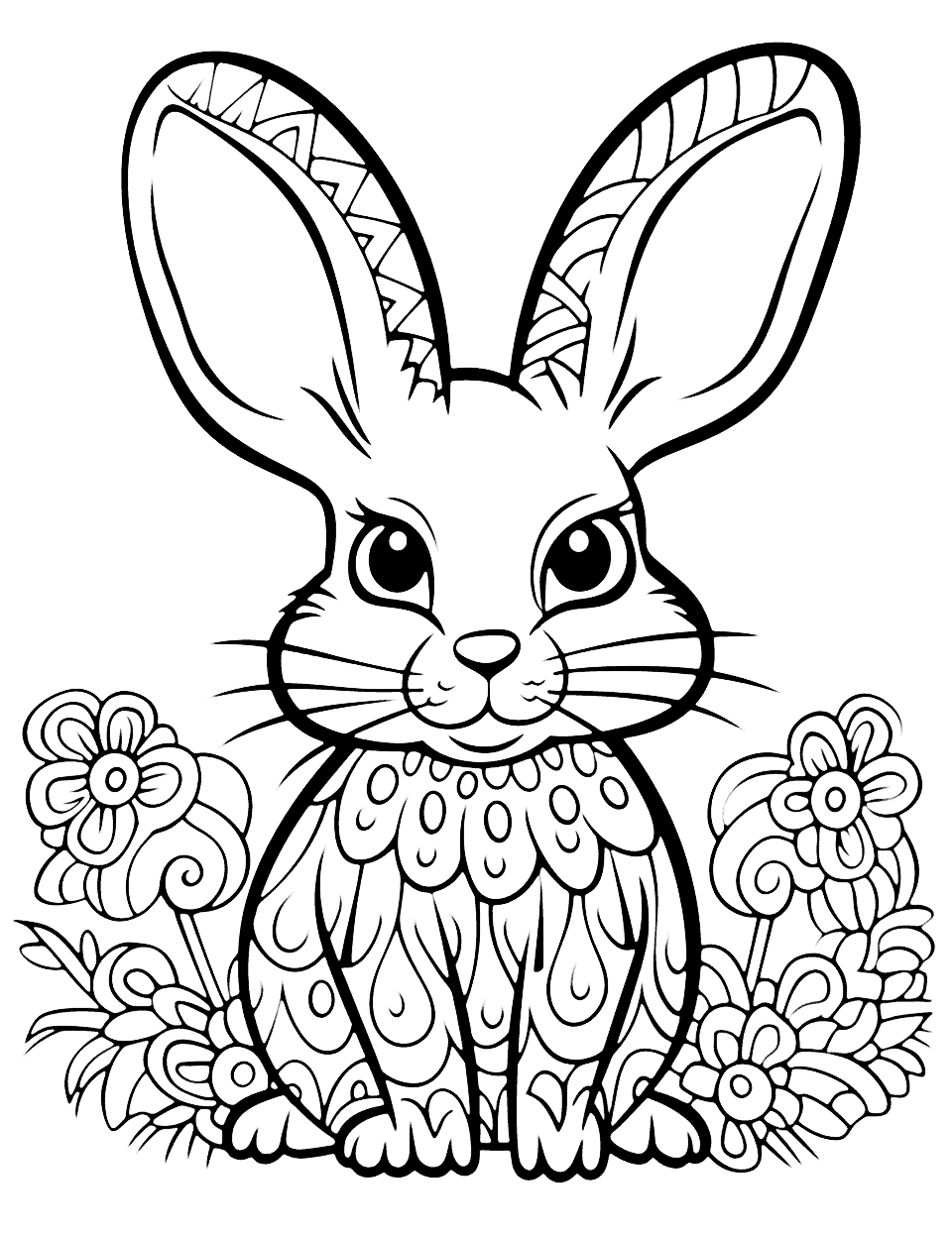 Zentangle Patterns with Bunny Rabbit Coloring Page - The form of a bunny is filled with intricate zentangle designs.