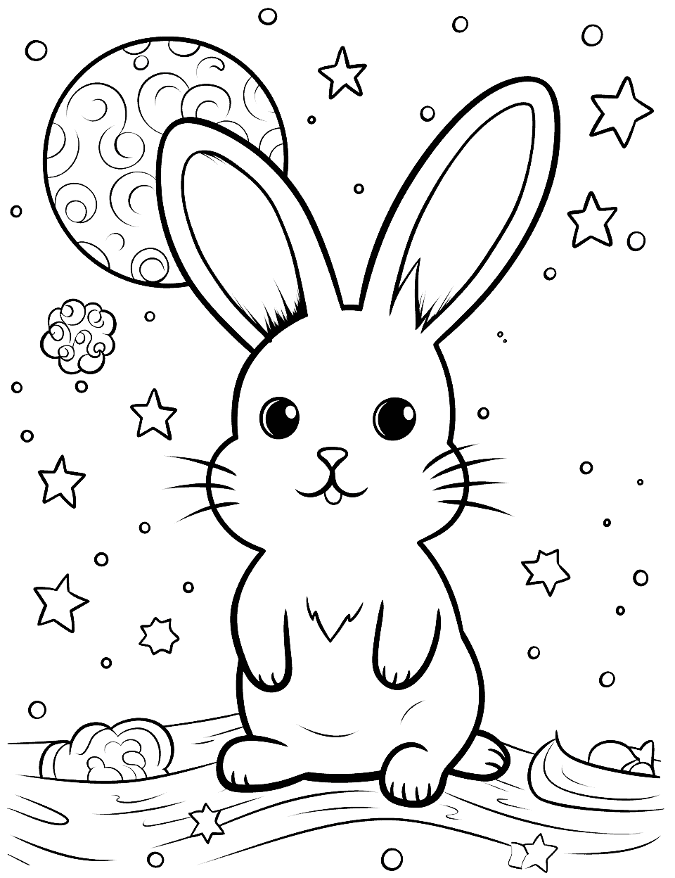 Galaxy Bunny Among the Stars Coloring Page - A bunny in space, surrounded by planets, stars, and cosmic wonders.