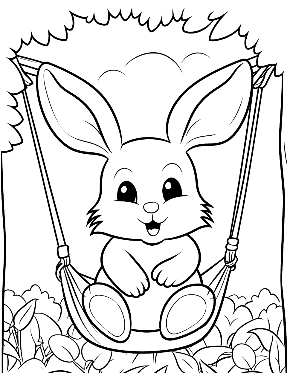 Big Eared Bunny in a Hammock Coloring Page - Resting between two trees, our bunny enjoys a warm summer day.
