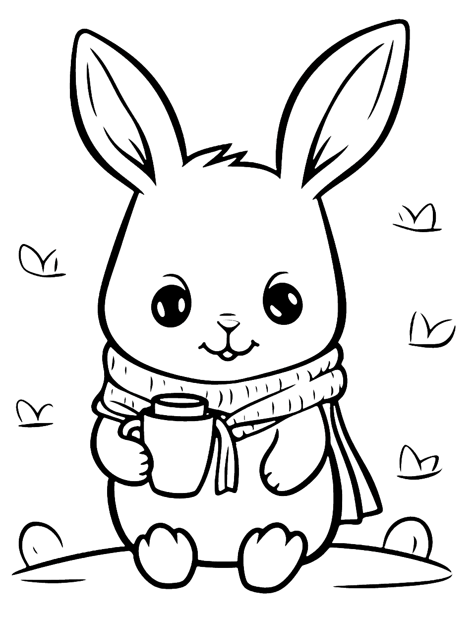 Rabbit’s Winter Scarf and Hot Cocoa Bunny Coloring Page - Feeling the winter chill, our rabbit wraps up and sips on hot cocoa.