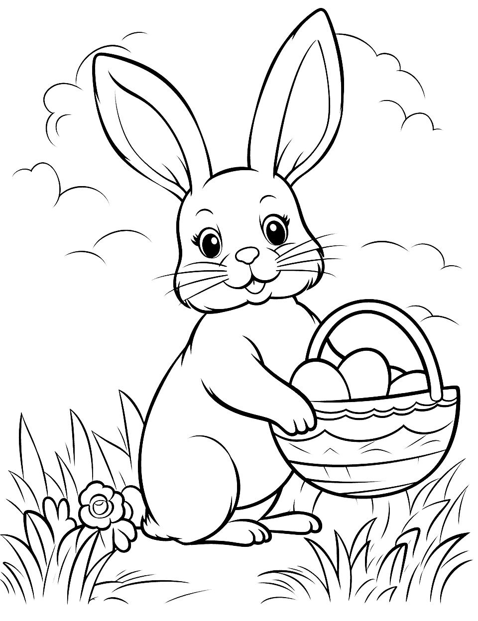 Easter Bunny with a Basket Coloring Page - A cheerful bunny carrying a basket full of colorful Easter eggs.