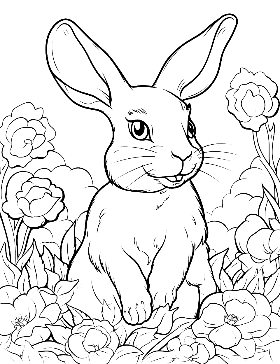 Bunny in a Rose Garden Coloring Page - Surrounded by blooming roses, a bunny enjoys the fragrances of spring.