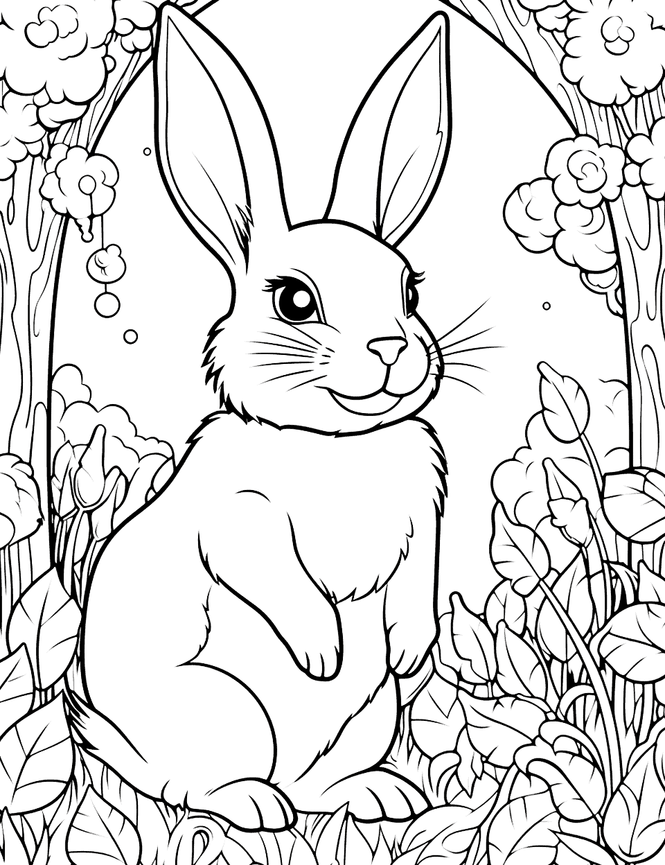 Detailed Bunny in the Forest Coloring Page - A bunny with intricate patterns and details, surrounded by forest elements.