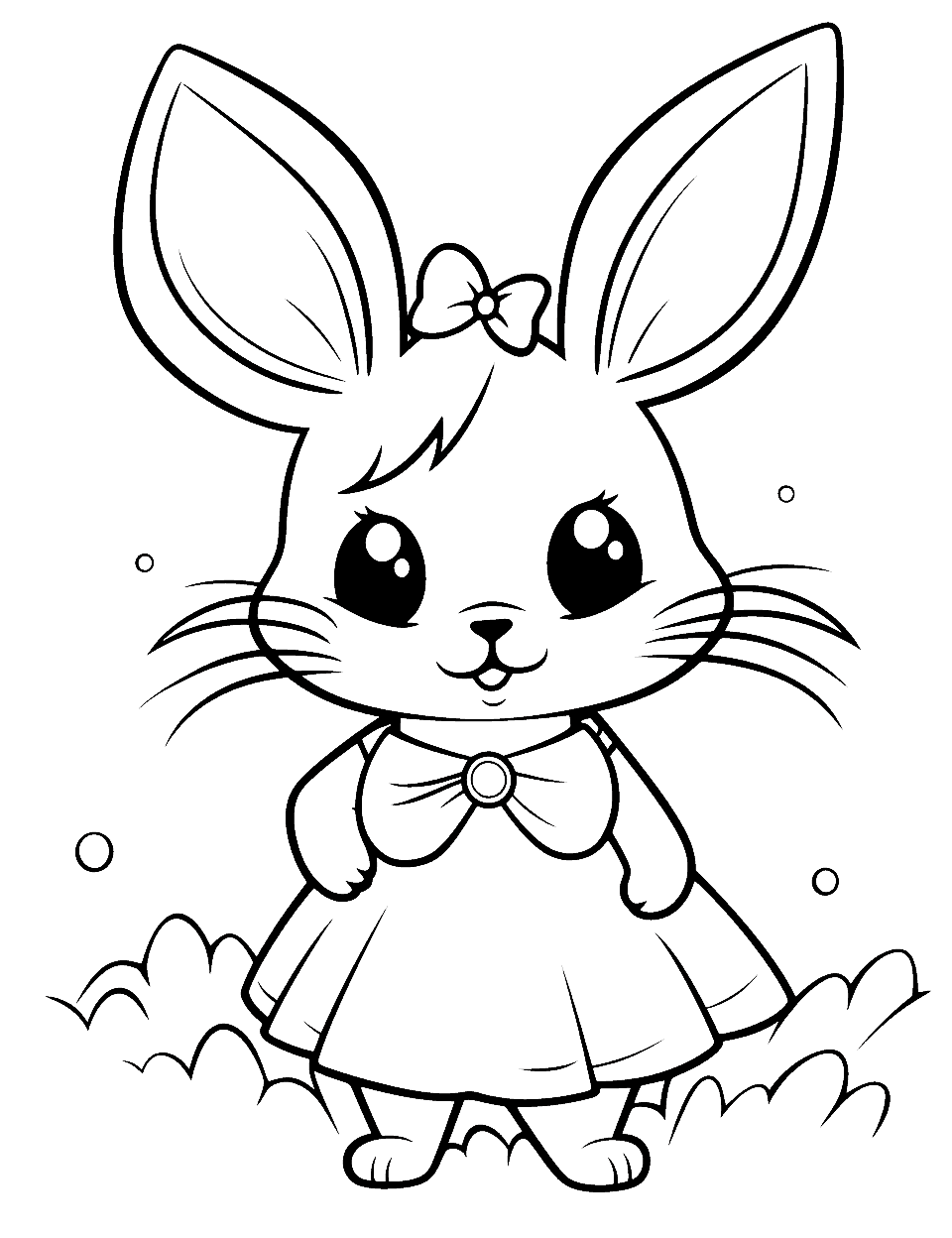 Bunny Girl in a Dress Coloring Page - A female bunny adorned in a cute dress looking like she’s off to a party.