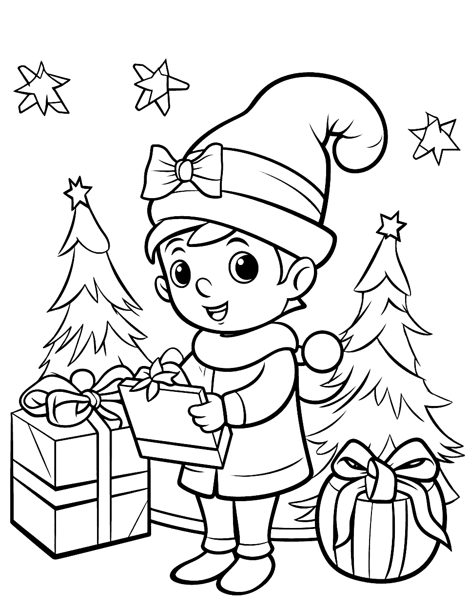 Cute Christmas Elf Coloring Page - A cute Christmas elf helping wrap presents in his North Pole workshop.