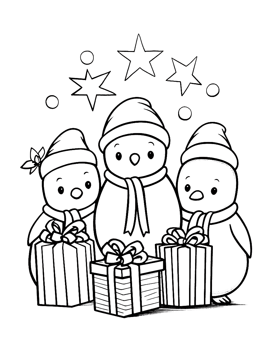 Penguin Christmas Party Coloring Page - A group of friendly penguins exchanging gifts at a Christmas party.