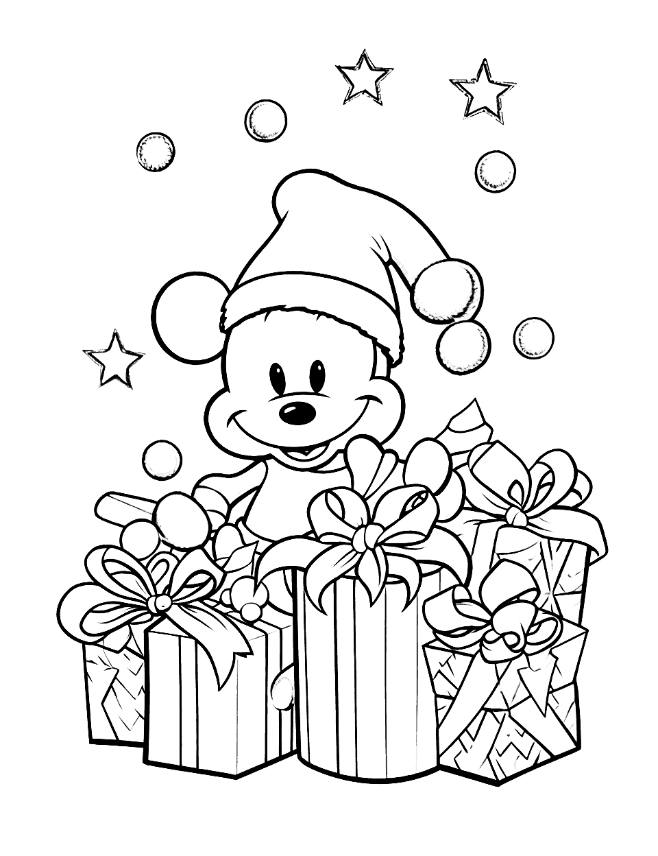 Mickey Mouse Christmas Coloring Page - A cute mouse opening presents on Christmas day.