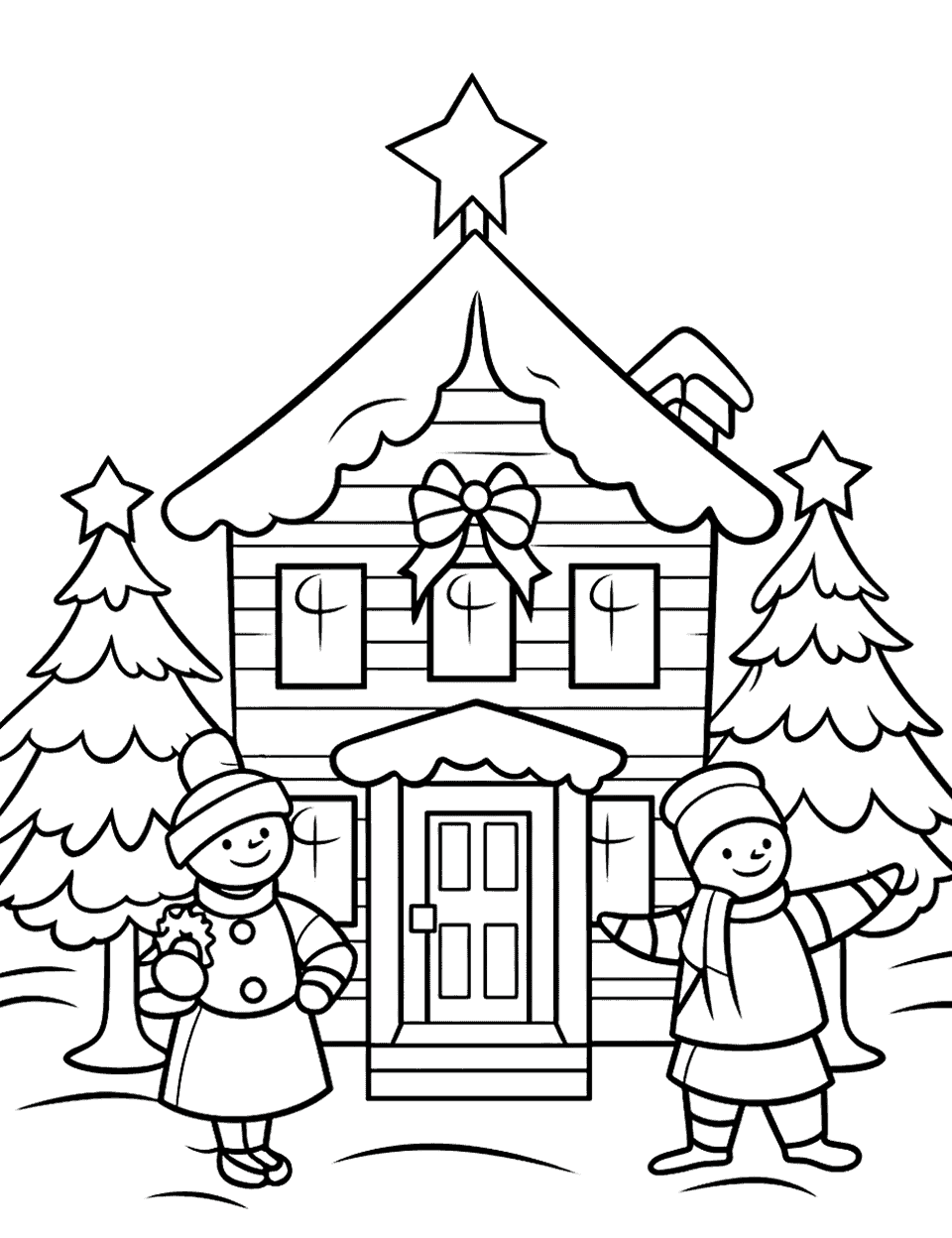 Large Christmas Scene Coloring Page - A large coloring page covering a full Christmas scene including a decorated home, snow-covered trees, and kids playing.