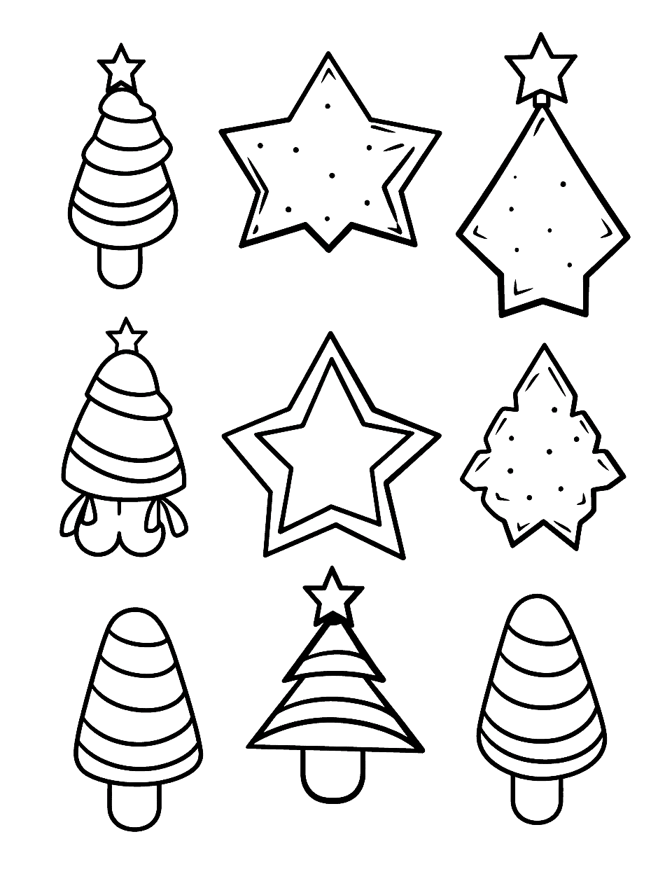 Preschool Christmas Shapes Coloring Page - Nine simple shapes fill this page: little trees, two plain stars, and star-shaped cookies. Nothing here is smaller than a thumbprint, which is exactly what a preschooler needs. Ask them to color all the trees one color and all the stars another, and it quietly turns into a sorting game.