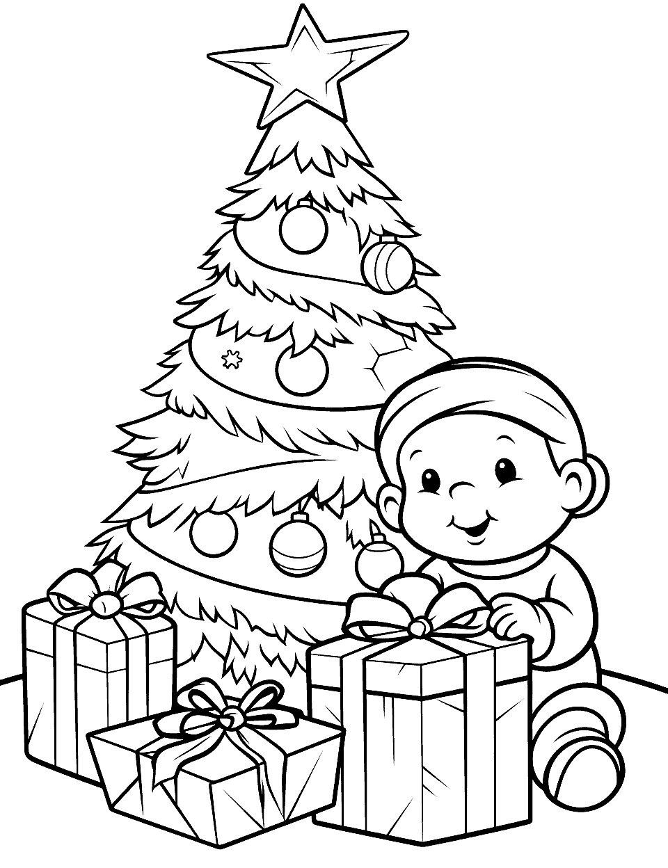 Baby's First Christmas Coloring Page - A coloring page commemorating a baby’s first Christmas with presents and a Christmas tree.
