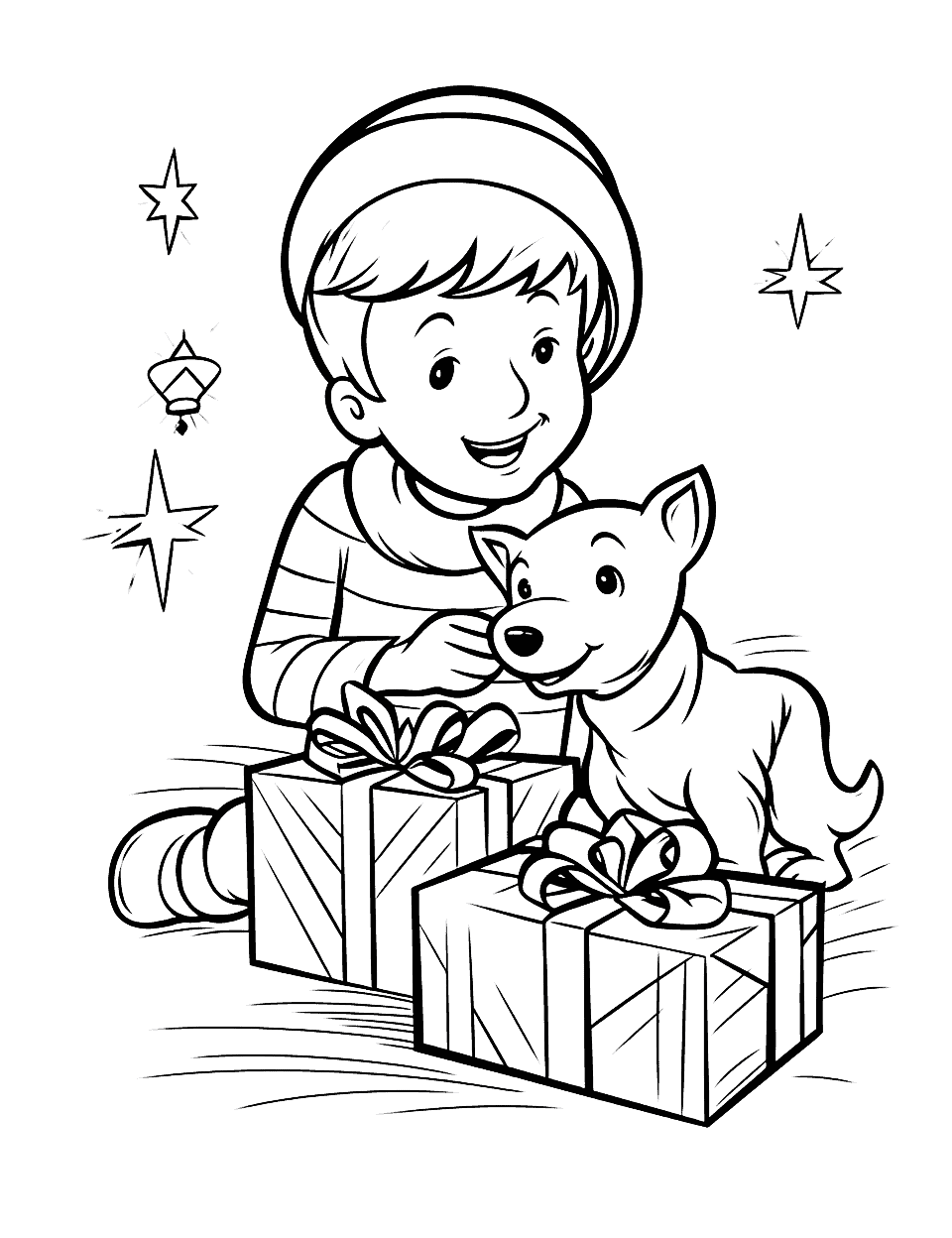 Christmas Puppy Surprise Coloring Page - A boy leans in to greet a playful puppy who has climbed out from behind two wrapped boxes. The faces are open and friendly, and the shading lines on the boxes give older kids something extra to work with. Warm brown on the puppy and a bright striped sweater on the boy work nicely together.