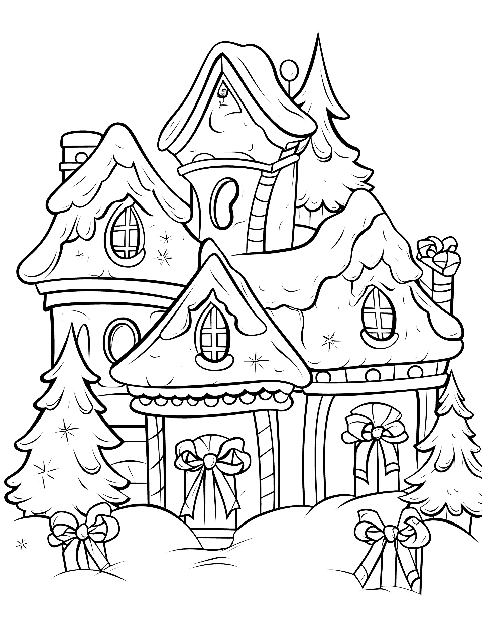 Difficult Christmas House Coloring Page - A tall storybook house piles roof on roof, each one buried under heavy snow and tied with a bow. There is a lot of small work in the windows and the trim, so hand this one to an older child with fine-tip pens. Keeping the snow white and coloring only the walls stops the page turning to mud.