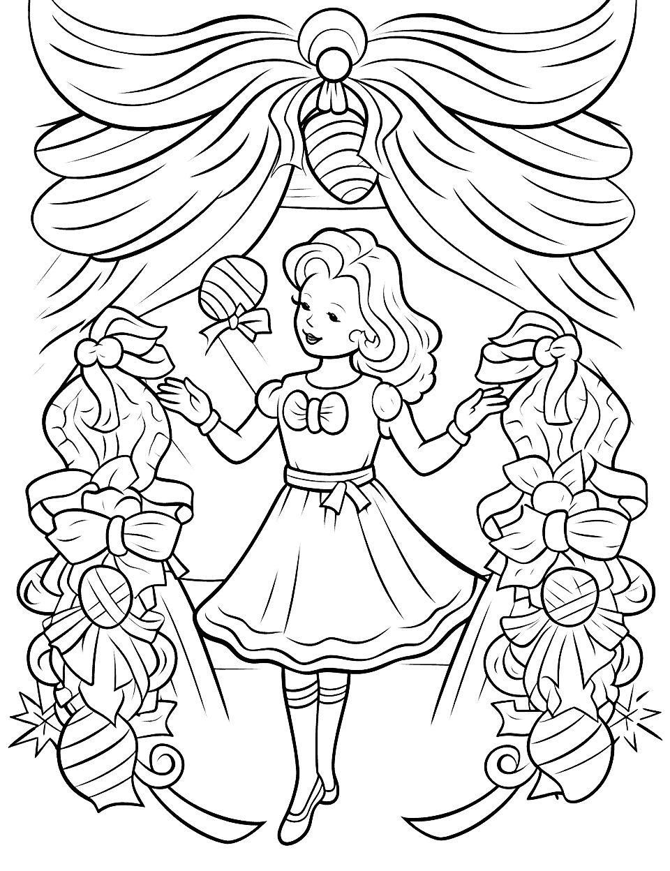 Ballerina Among the Ornaments Christmas Coloring Page - A dancer in a full skirt holds up an ornament, framed by two thick garlands of bows and baubles with a bell hanging above her. It is one of the busiest pages here and the details are fine, so it fits older kids and adults. Pick two colors for the garlands and repeat them, or the frame will fight the dancer for attention.
