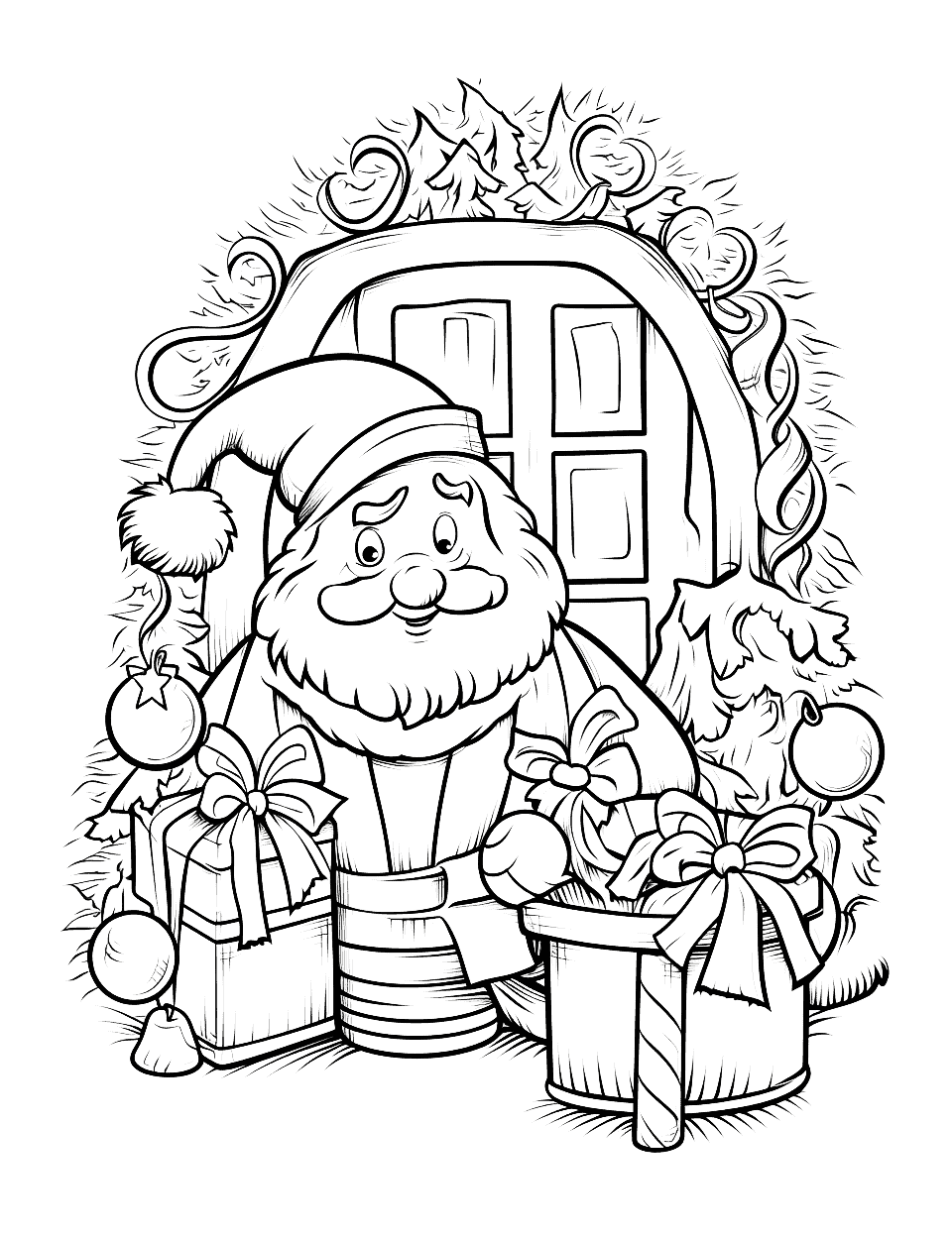 Santa at the Doorway Christmas Coloring Page - Santa stands in an arched doorway wrapped in garland, presents stacked around his boots and a small tree at his side. The beard is drawn as long curling strokes, which is oddly satisfying to fill with a pale gray. Everything else is bold enough for crayons.