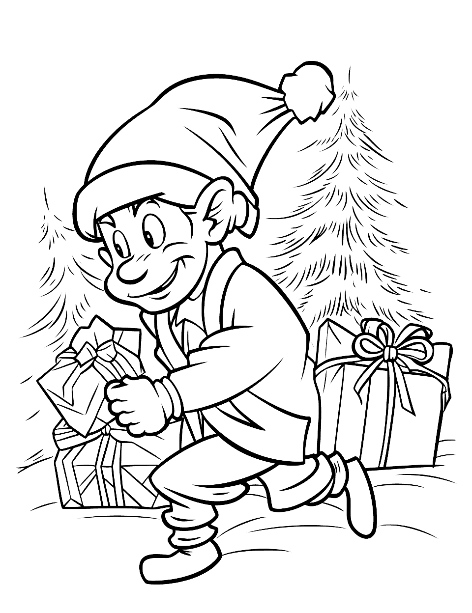 Grinch Stealing Christmas Coloring Page - A coloring page depicting the Grinch sneaking around stealing presents.