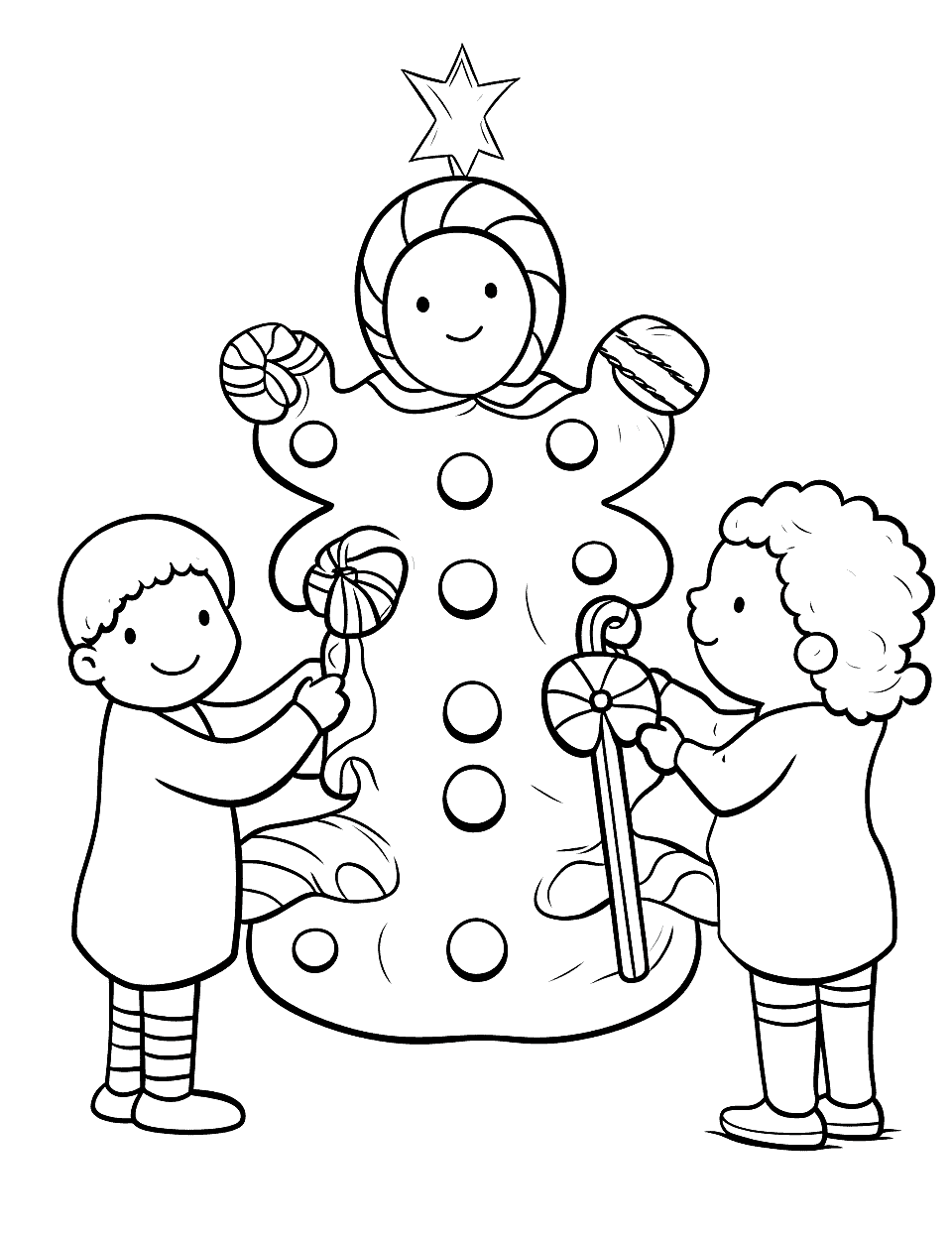 Decorating the Gingerbread Man Christmas Coloring Page - Two children work on a giant gingerbread man, pressing candy canes and swirled sweets into his icing while a star sits on top. The kids are plain outlines and the cookie is covered in dots, so there is an easy half and a fiddly half. Let them pick a wild color for the buttons.