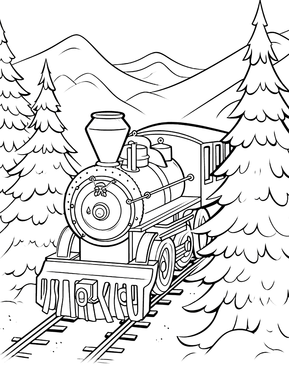 Polar Express Journey Christmas Coloring Page - The magical Polar Express journeying through the snowy mountains.
