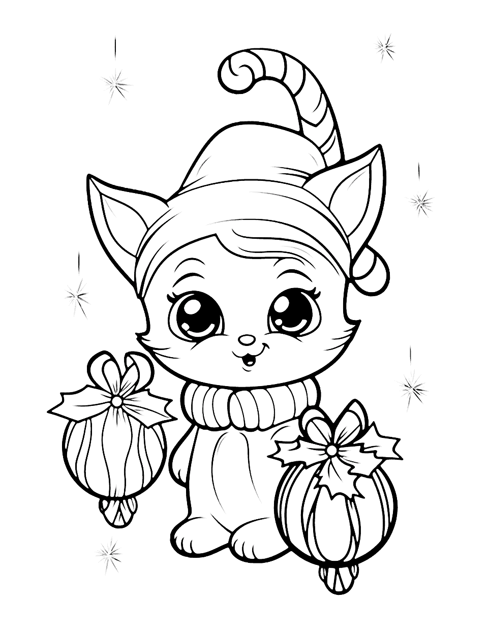 Cute Christmas Kitten Coloring Page - A cute kitten playing with Christmas ornaments.