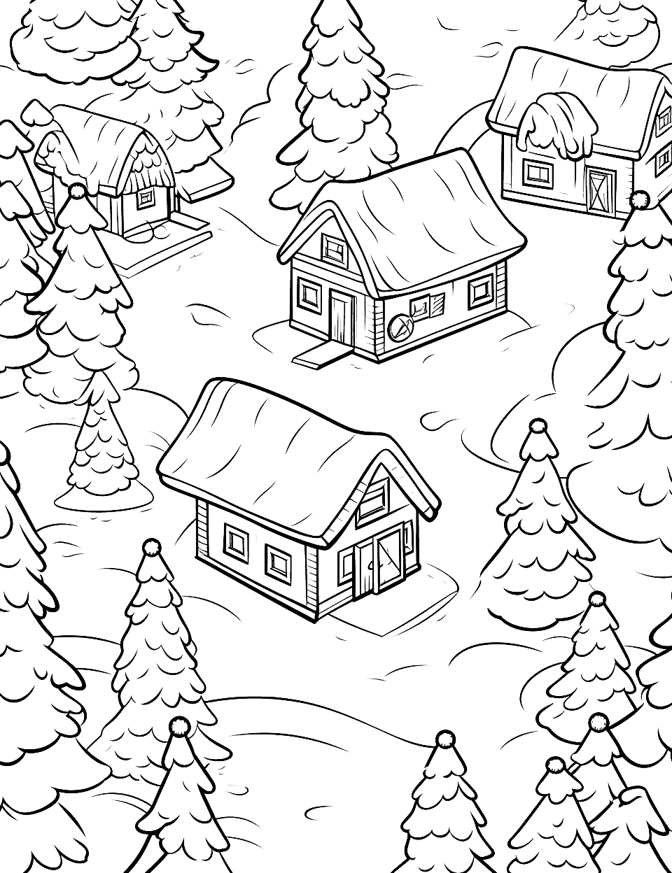 Santa Claus Village Christmas Coloring Page - A bird’s-eye view of Santa Claus’s village in the North Pole, including reindeer stables and toy factories.