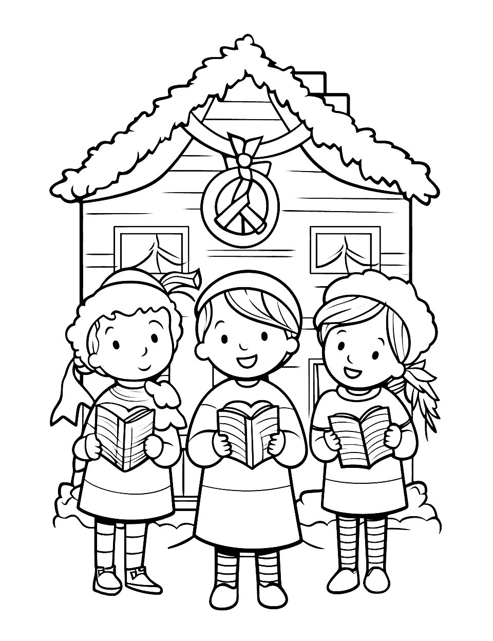 Christmas Carol Singers Coloring Page - Carolers singing festive songs in front of a decorated house.