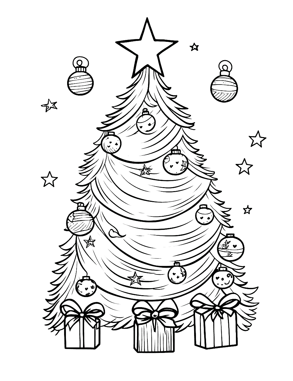 Jingle Bells Christmas Coloring Page - A festive scene of jingle bells hung on a Christmas tree.