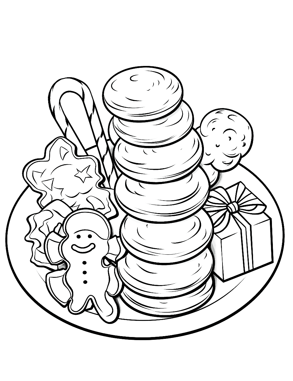 Holiday Cookies Christmas Coloring Page - A detailed coloring page of holiday cookies and sweets on a plate, ready to be left out for Santa.