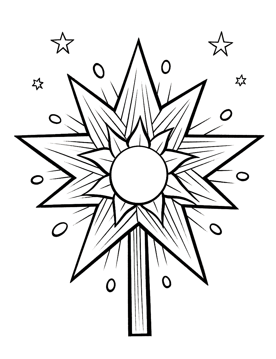 Star Tree Topper Christmas Coloring Page - One large layered star sits on a short stick, the kind that slots onto the top of a tree, with small stars and dots floating around it. The rays are drawn with fine radiating lines that take metallic pens beautifully. A single sheet like this makes a good five minute page when there is no time for a whole scene.