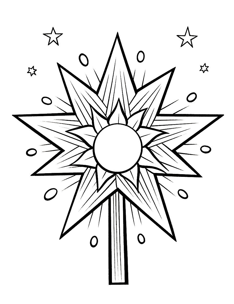 Christmas Star Coloring Page - A radiant Christmas star shining over a humble manger scene.