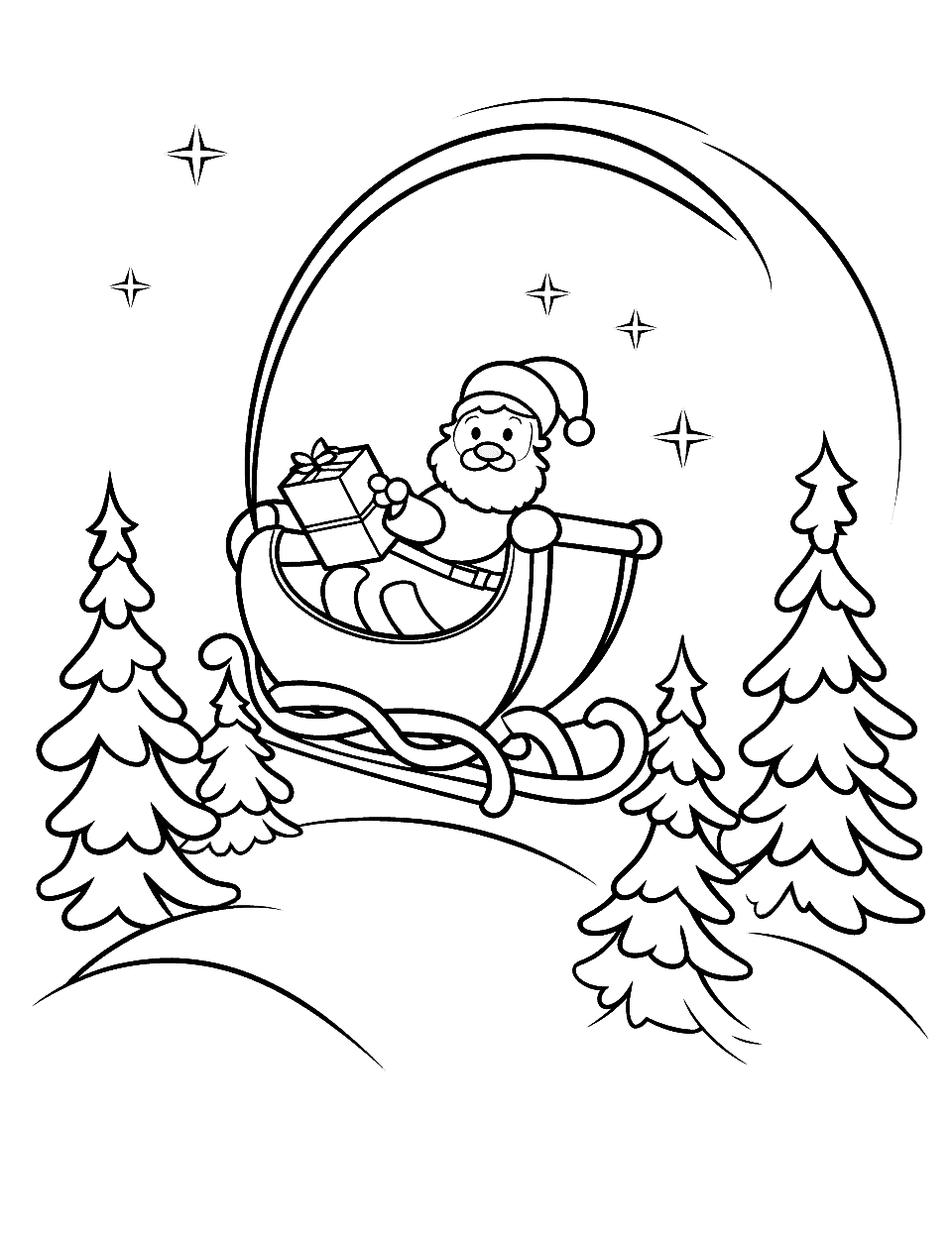 Easy Santa Sleigh Christmas Coloring Page - An easy-to-color image of Santa riding his sleigh across the starry night sky.