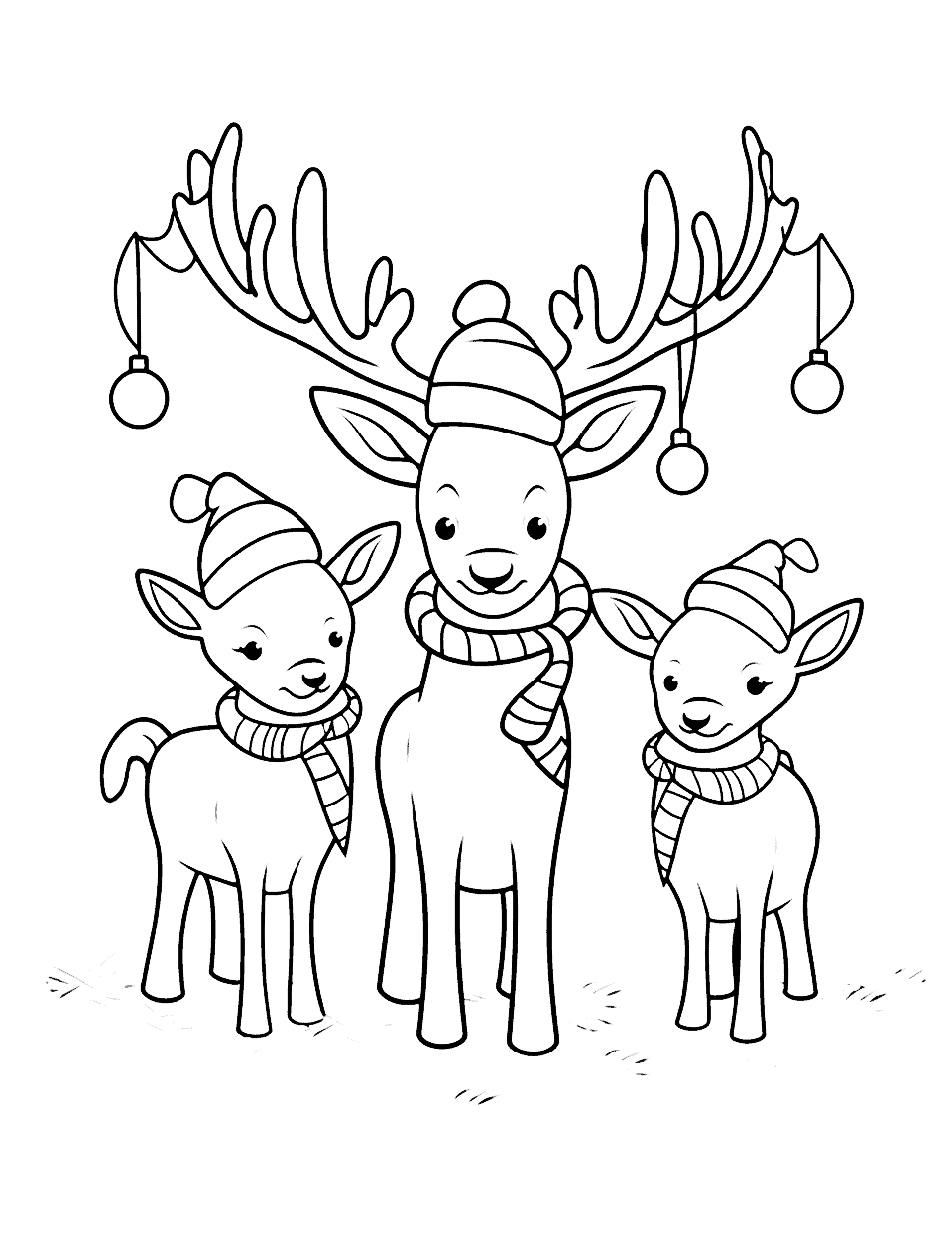 Cute Reindeer Family Coloring Page - A family of cute reindeer with Christmas decorations on their antlers.