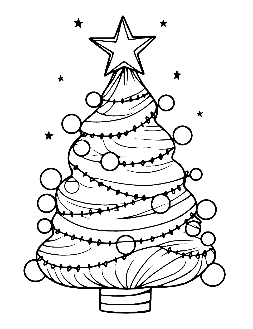 Fairy Lights Magic Coloring Page - A string of glowing Christmas fairy lights wrapped around a Christmas tree.