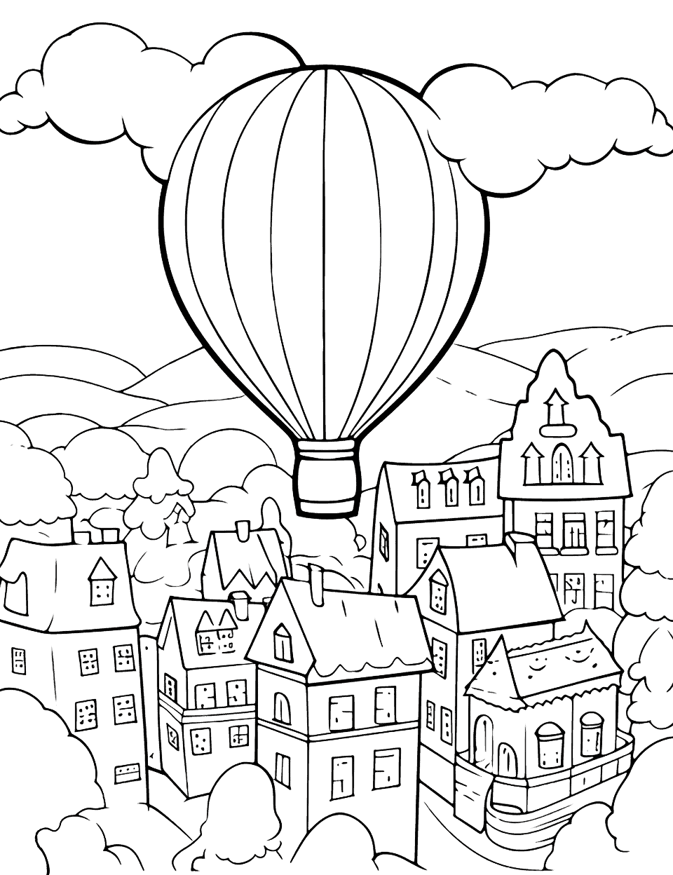 Festive Hot Air Balloon Christmas Coloring Page - A festive hot air balloon floating over a snowy town.