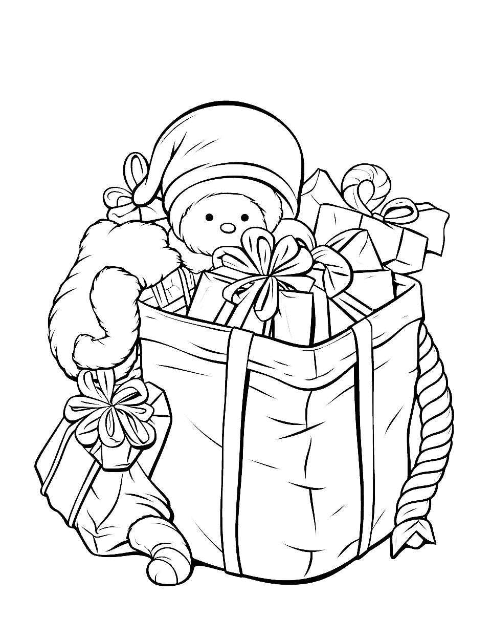 Santa's Sack Christmas Coloring Page - Peek into a heavy sack tied with rope and overflowing with wrapped boxes, with a soft toy in a floppy hat sitting right on top. The folds in the fabric are drawn as long curving lines that shade well with a pencil. Give every present a different paper and the pile stops looking flat.