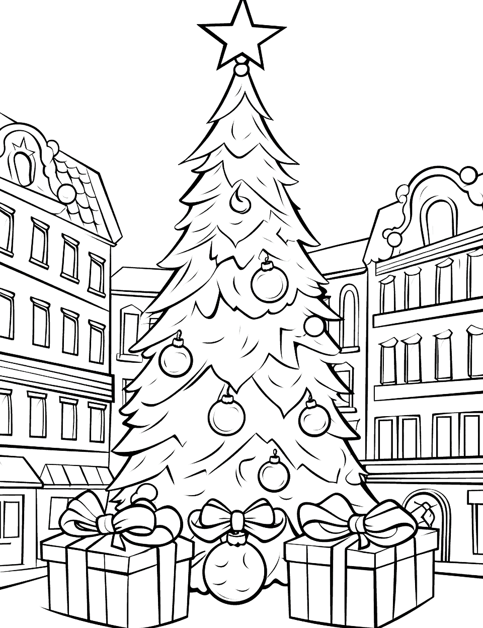 Christmas in the City Coloring Page - A bustling city scene with decorated buildings and a large Christmas tree in the square.