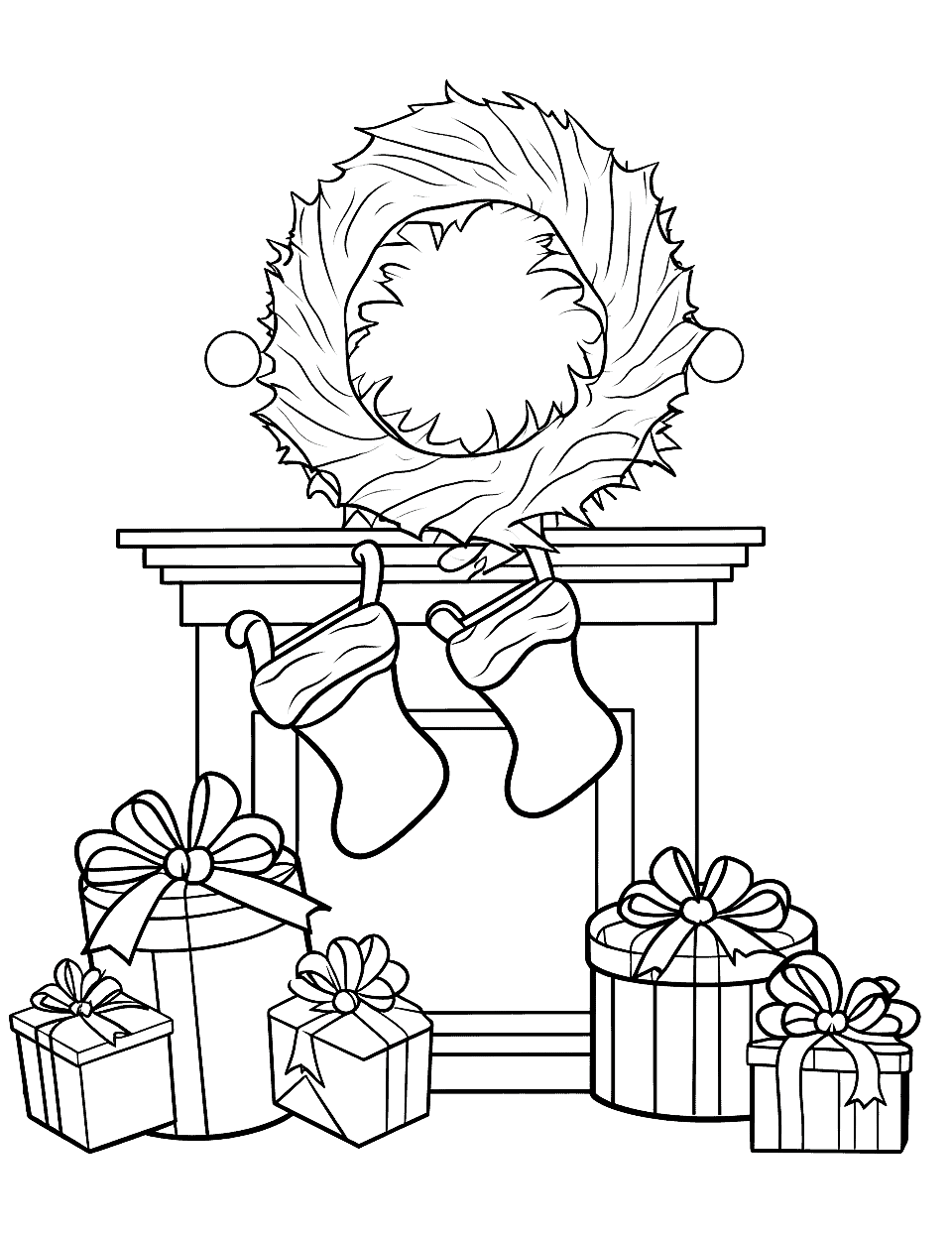 Christmas Fireplace Coloring Page - A warm fireplace with stockings hung and a plate of cookies for Santa.