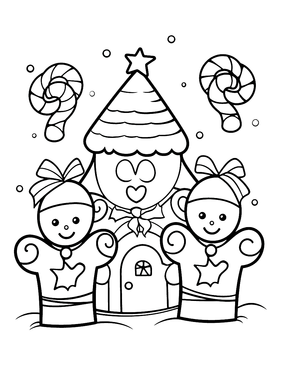 Gingerbread Family Christmas Coloring Page - A cute gingerbread family in front of their gingerbread house.