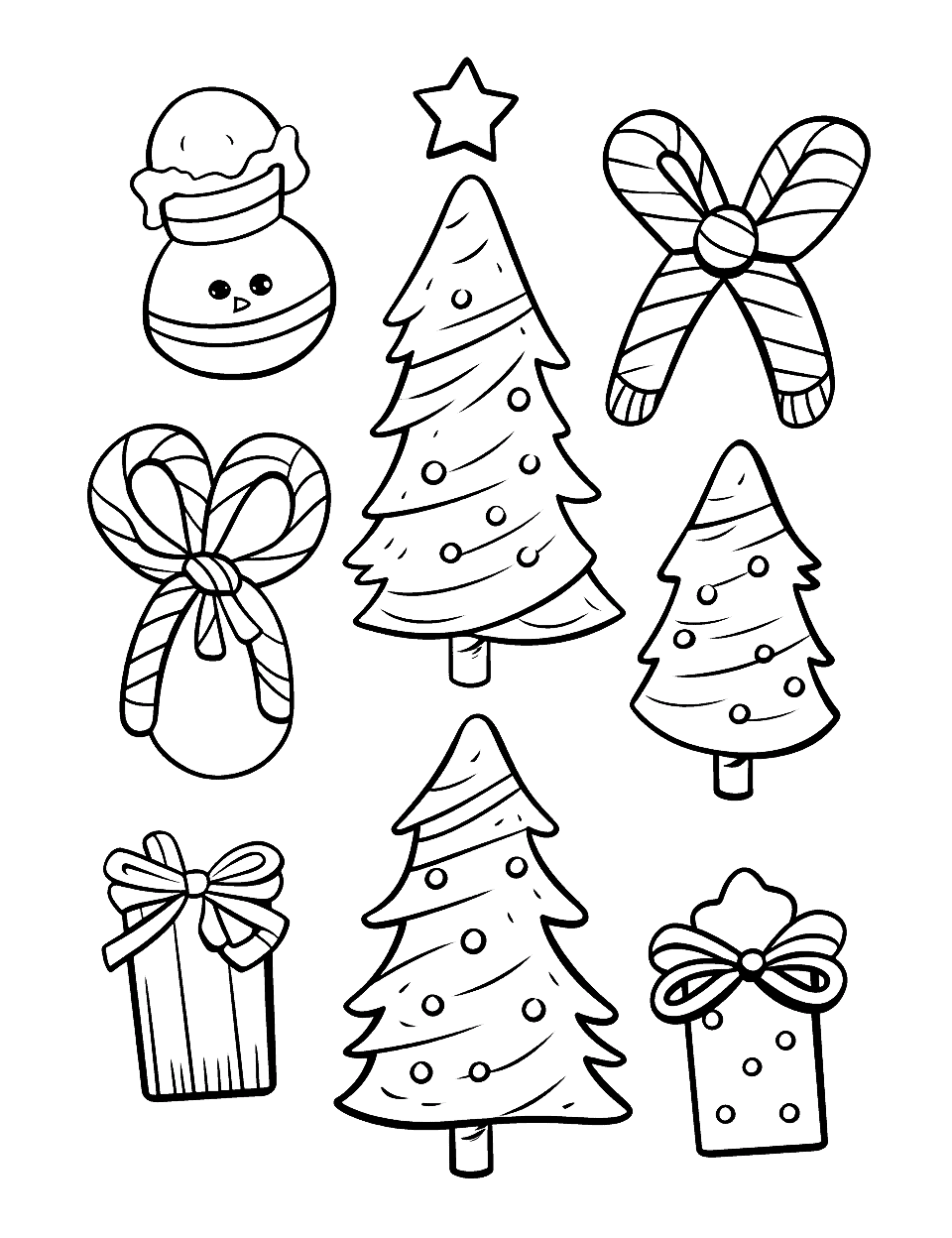 Christmas Doodles Coloring Page - A variety of Christmas doodles, perfect for kindergarteners to color.