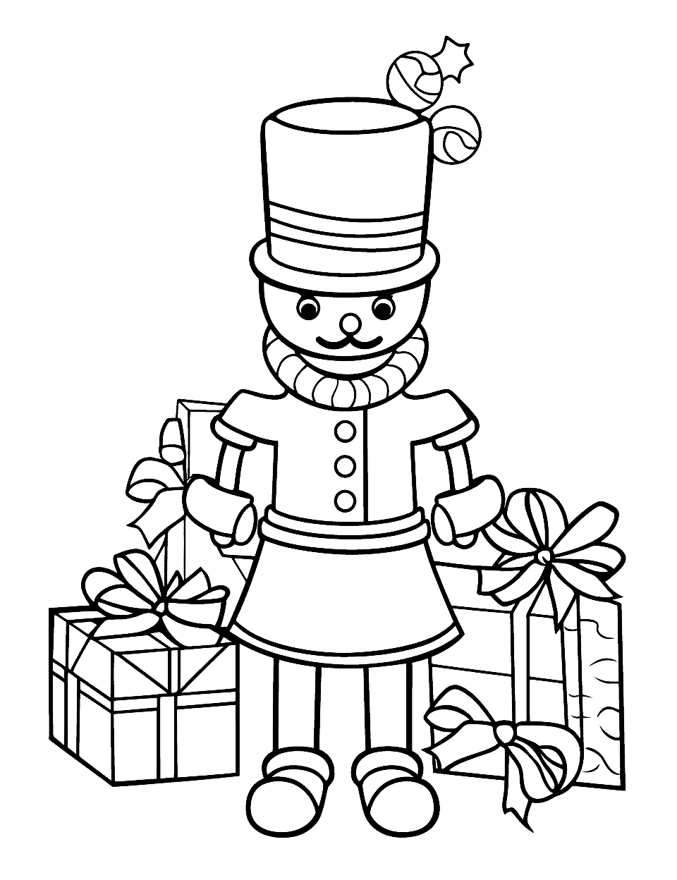 Toy Soldier Guard Christmas Coloring Page - A toy soldier standing guard next to a pile of wrapped presents.