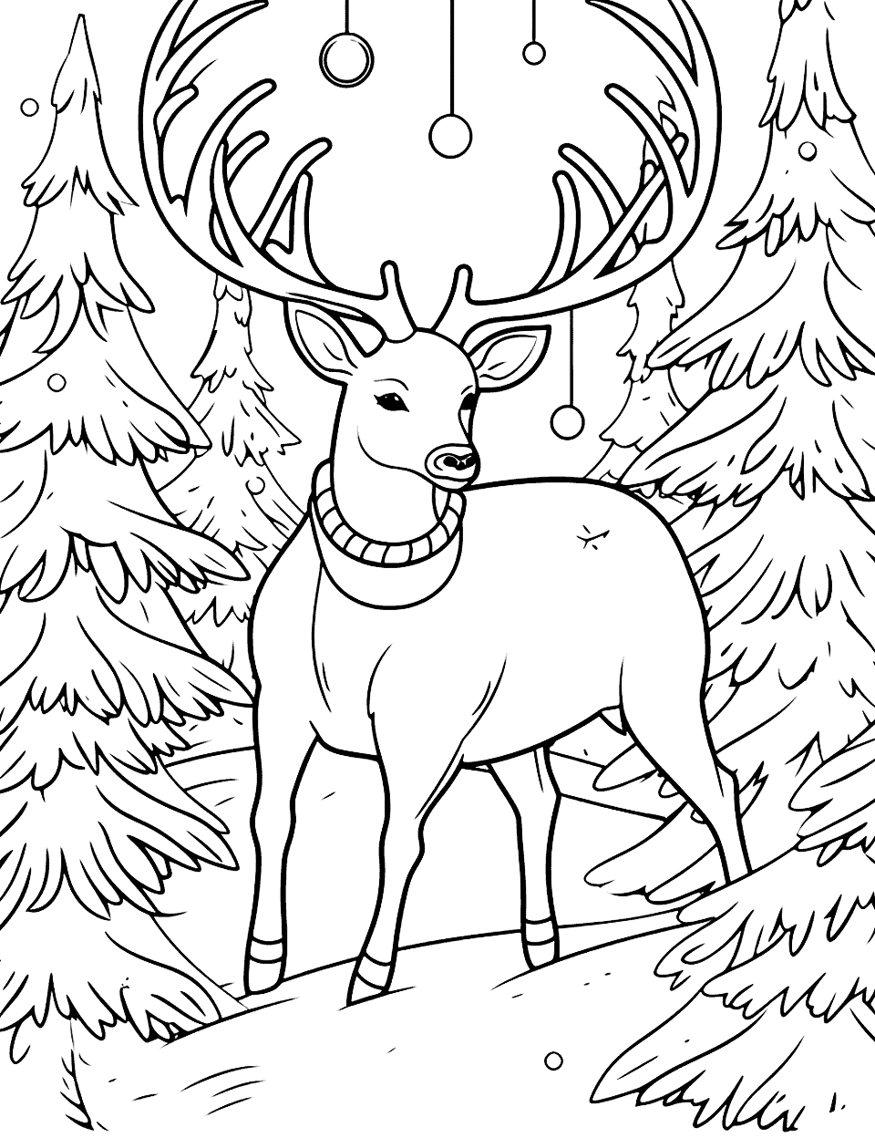 Reindeer in the Forest Christmas Coloring Page - A majestic reindeer adorned with Christmas lights standing amidst a snowy forest.