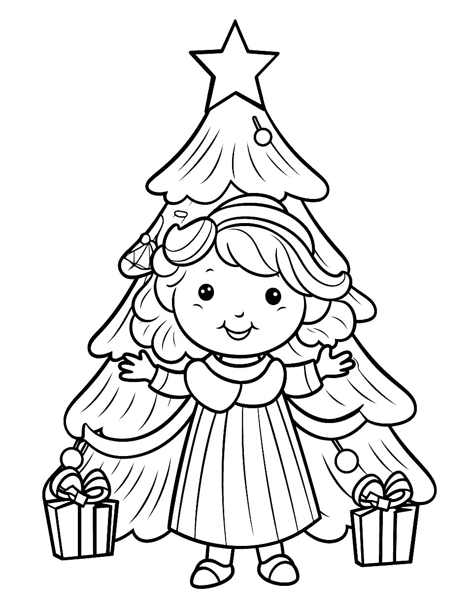 Christmas Angel Coloring Page - A beautiful angel on top of a Christmas tree, spreading joy and peace.